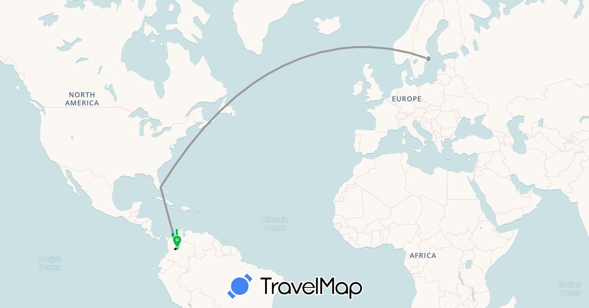 TravelMap itinerary: driving, bus, plane, boat in Colombia, Sweden, United States (Europe, North America, South America)
